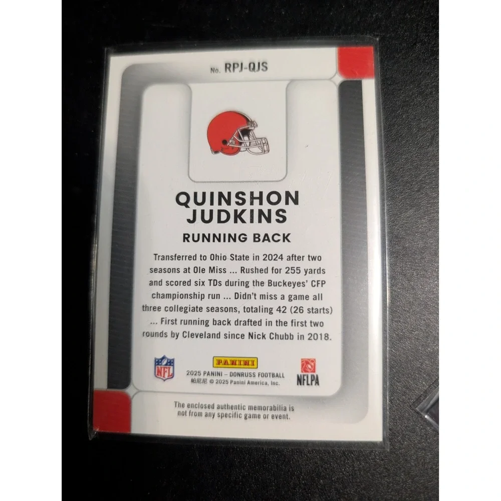 Quinshon Judkins 2025 Panini Donruss Phenom Rookie Jersey Relic Browns RPJ-QJS
